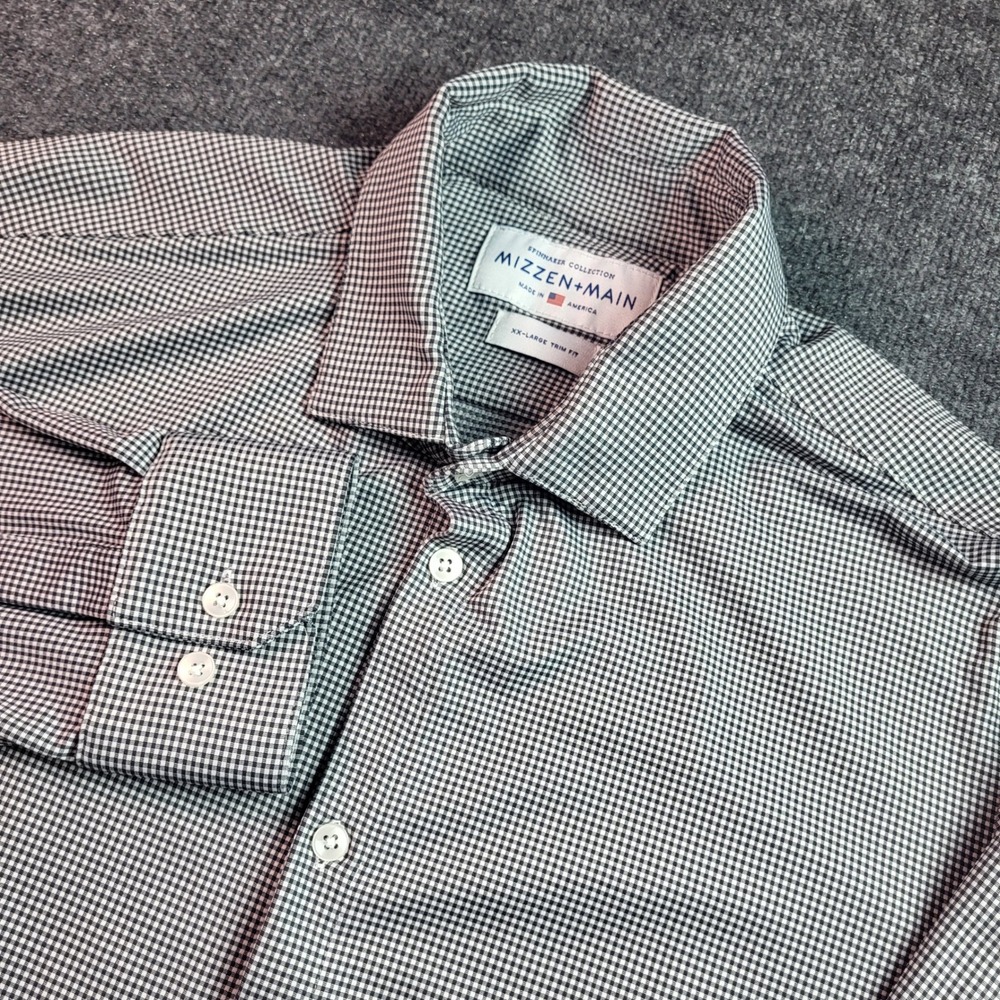 Mizzen+Main‎ Spinnaker Collection Navy Gingham Trim Fit Dress Shirt Mens XXL